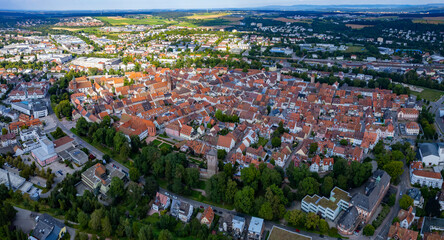 Aerial of the city Villingen-Schweningen in Germany beside the black forest on a sunny day in summer - obrazy, fototapety, plakaty