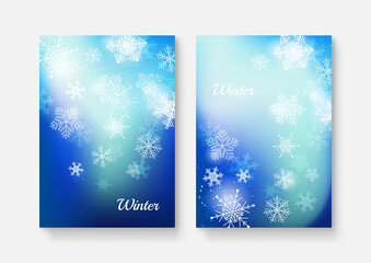 Set of abstract winter backgrounds for universal template. Colorful winter banners with falling snowflakes, snowy trees. Wintry scenes . Use for event invitation, discount voucher, ad.