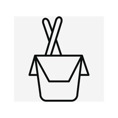 Japanese cuisine. Icon. Wok box with chopsticks. Menu, food, button, line drawing. Vector. Flat style. 