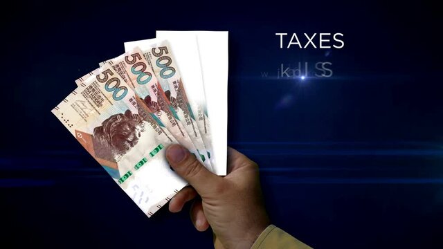 Hong Kong Dollar paper note holding. Fan of HKD banknotes in hand. Metaphor concept of income loss, cost of live, tax, credits and money decline in Honk Kong.