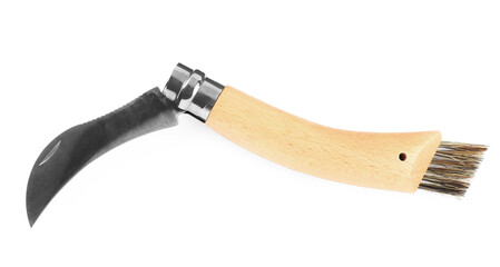 Mushroom knife with brush isolated on white, top view