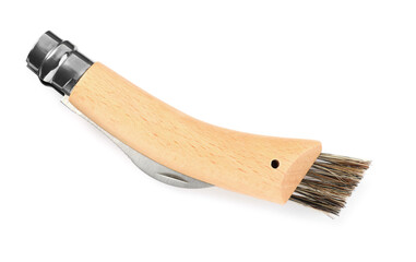 Mushroom knife with brush isolated on white, top view