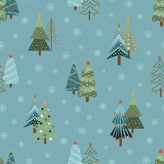 Christmas trees and Christmas tree decorations. New Years design of fabric, packaging, gift paper. Seamless pattern.