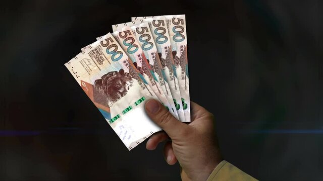 Hong Kong Dollar money holding. Fan of banknotes in hand. HKD paper cash. Concept of income, success, business, tax, economy and finance in Honk Kong.