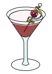 French Martini classic New Era cocktail in a specific glass. Vodka based drink garnished with raspberries and lemon zest twist. Stylish doodle cartoon vector illustration. Good for cards, posters