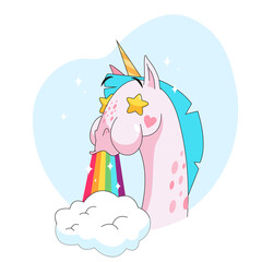 Cute unicorn cartoon character with rainbow from mouth sticker. Emoticon of fairy horse with starry eyes flat vector illustration isolated on white background. Fairytale, fantasy, dream concept