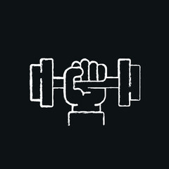 Hand with dumbbell chalk icon. Vector isolated black illustration