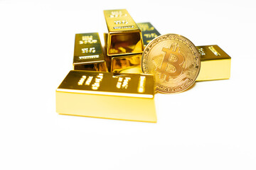 Bitcoin gold coin with golden bars. Cryptocurrency concept. Virtual currency. Bitcoin as desirable as gold concept