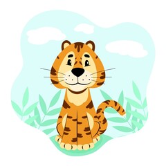 Chinese tiger. Cute tiger in nature. Vector character in flat style.