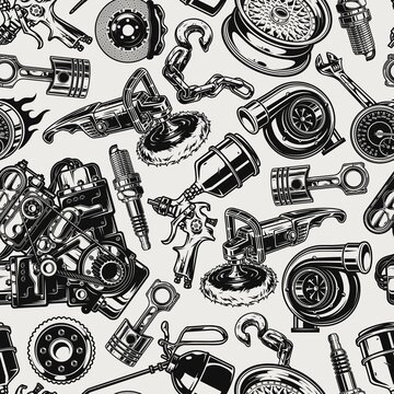 Car parts and repair tools seamless pattern