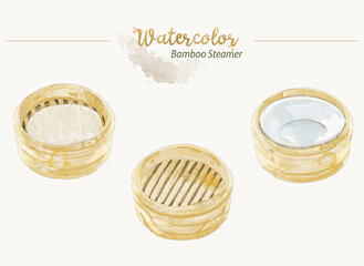 Hand-drawn watercolor illustration of bamboo steamers. empty steamers.