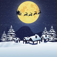 Santa claus on sleigh and reindeer background. Flying Santa claus in night sky cartoon vector illustration