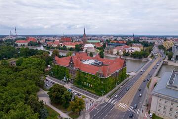 Wrocław, a city in Poland on a sunny and slightly cloudy day. Main Railway Station, Market Square in Wrocław and characteristic places.