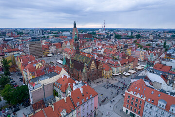 Wrocław, a city in Poland on a sunny and slightly cloudy day. Main Railway Station, Market Square in Wrocław and characteristic places.