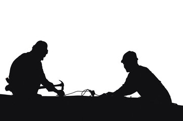 Silhouette workers on Roof with Sky in Background, install new roof, installing asphalt shingle, Construction concepts