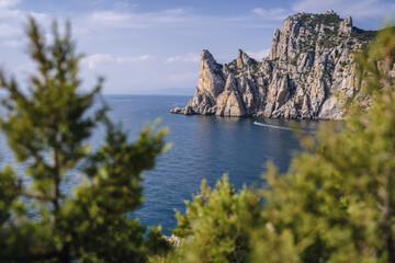 Landscape view of Karaul-Oba mountain and Blue bay in Crimea, New Light resort, Russian Federation