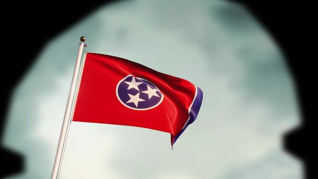 Tennessee State Flag Waves on a sky background. 3d render 4k.