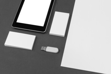 business card, usb drive and tablet mockup