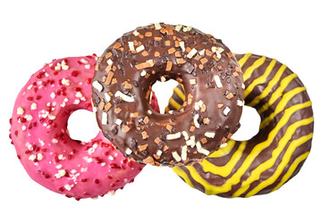 Three donuts isolated on a white background.