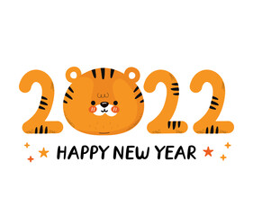 Cute funny 2022 New Year symbol tiger. Vector cartoon kawaii character illustration icon. Isolated on white background. Tiger symbol of New Year 2022 character concept