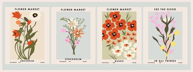 Fotobehang Botanical poster set flowers and branches. Modern style, pastel colors © NKTN