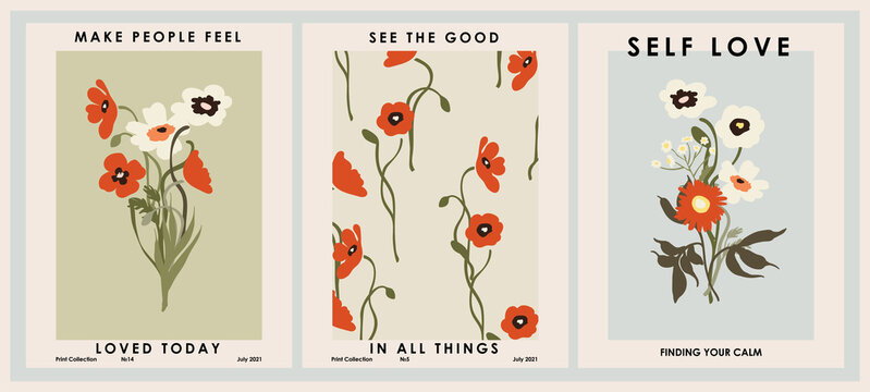 Botanical poster set flowers and branches. Modern style, pastel colors
