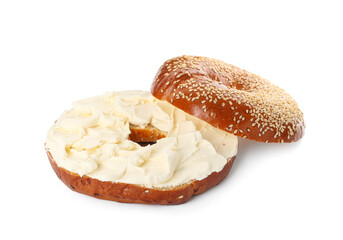 Delicious fresh bagel with cream cheese on white background