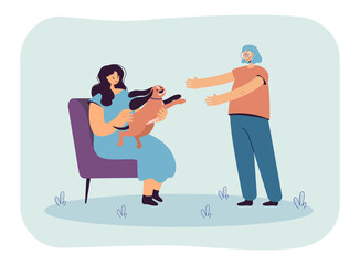 Women playing with dog at home. Happy carefree puppy jumping from arms of female character flat vector illustration. Pet training fun game concept for banner, website design or landing web page