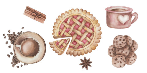 Watercolor illustration hand painted pie with jam, homemade cake, cinnamon, anise star, cookies, cup of coffee isolated on white. Clip art elements for design postcards, posters