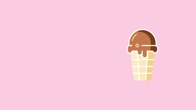 4k video of cartoon chocolate ice cream in a waffle cone on pink background.