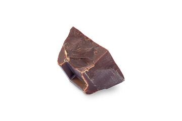 One piece of dark chocolate on a white plate, dark chocolate isolate