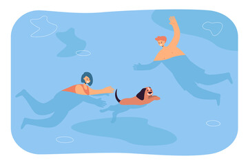 People swimming and playing with dog. Fun game of man and woman with pet outdoors flat vector illustration. Summer family vacation with animal concept for banner, website design or landing web page