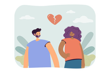 Separation of couple people with broken heart. Conflict of two man and woman flat vector illustration. Divorce in family, bad relationship, love concept for banner, website design or landing web page