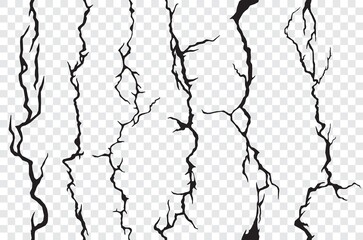 Seamless cracks in the wall, plaster or ground, transparent background. Vector cracked or broken texture of stone, soil, marble or cement, grunge pattern with cracks, clefts, fissures and cracklets