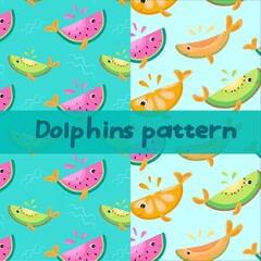 Pattern set. Dolphins in the form of fruit slices. Perfect for children's designs