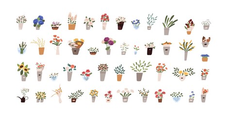 Set of flowers, bouquets, foliage and blooming floral plants in pots, vases and jugs. Floristic interior decor collection. Colored flat graphic vector illustration isolated on white background