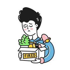 Sad young man holding stuff in box with fired sign. Vector hand drawn doodle cartoon character illustration icon. Isolated on white background. Man fired from work concept