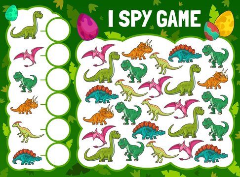 I spy game with cartoon dinosaurs. Vector educational kids puzzle with cute dino characters. Development of numeracy skills and attention, cartoon riddle page. Maths worksheet, baby education task