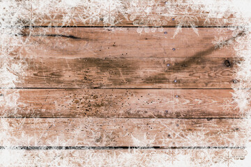 wood texture with snow ornament frame