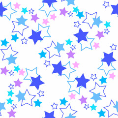 Seamless pattern with blue and lilac stars on a white background. Use for fabric, wrapping paper, wallpaper, print, backdrops, baby clothes, napkins, bags, merchandise, clothing, and artwork.