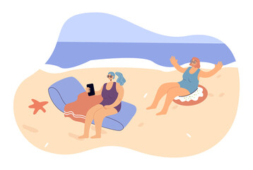 Women in bikini taking selfie travel photo on beach. Happy girl using smartphone camera flat vector illustration. Summer vacation photography concept for banner, website design or landing web page