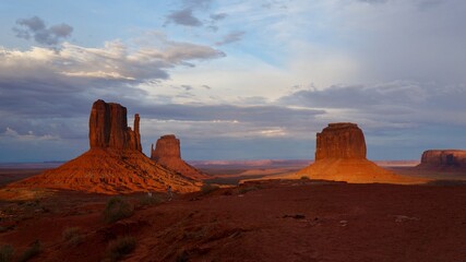 Monument Vally,Mitten at sunset.Red.
Monument Valley on the American Indian Reservation.West Mitten Butte and East Mitten Butte, Merrick Butte in the sunset.