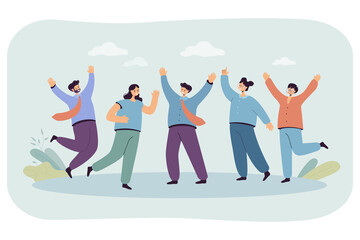 Business team celebrating success vector illustration. Happy office workers jumping, laughing. Victory, achievements, teamwork concept for website or landing web page