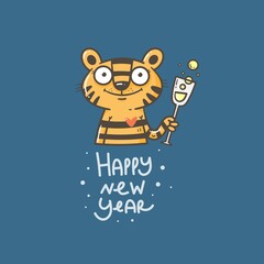 New Year card with tiger. Chinese calendar symbol. Vector holiday poster. Funny animal.