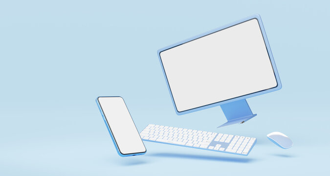 Computer monitor with wireless mouse, keyboard, phone float on blue background. Social media marketing online, e commerce, digital store, shop app concept. Desktop blank white screen. 3d render.