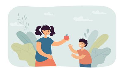 Girl giving apple to little boy, sharing food to friend. Cute child holding fruit in hand flat vector illustration. Friendship, childhood concept for banner, website design or landing web page