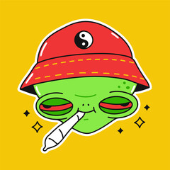 Funny alien with cannabis weed joint in mouth. Vector doodle cartoon character illustration design. Trippy high alien,marijuana,weed,cannabis print for poster, t-shirt concept