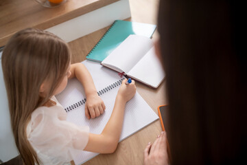 A long-haired girl studying at home and looking involved