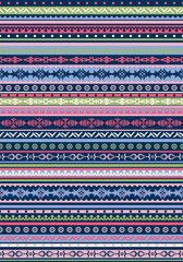 Ethno damask seamless repeat pattern. Hand dawn, vector boho and geometrical elements with stripes all over surface print on dark blue background.