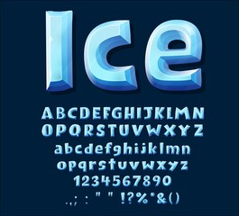 Cartoon blue ice crystal font type. Uppercase alphabet, digits and punctuation signs. Vector abc letters, winter frozen digits and symbols. Isolated ice font for game design